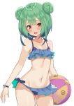  1girl :d absurdres ball bare_shoulders beachball bikini bikini_skirt blue_bikini commentary cowboy_shot double_bun flat_chest green_hair groin highres holding hololive looking_at_viewer navel open_mouth red_eyes ryan_edian short_hair simple_background smile solo stomach swimsuit thighs uruha_rushia virtual_youtuber white_background wristband 