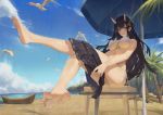  1girl absurdres azur_lane barefoot beach bikini bird black_cardigan black_hair boat cirilla feet hair_ornament highres horn long_hair looking_at_viewer noshiro_(azur_lane) ocean oni_horns palm_tree purple_eyes scenery seagull skirt solo swimsuit tree undressing watercraft wet white_bikini x_hair_ornament 