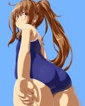  1girl ass bangs blue_background blue_swimsuit blush brown_eyes brown_hair commentary dd_(ijigendd) eyebrows_visible_through_hair flat_chest fumizuki_(kantai_collection) head_tilt highres kantai_collection long_hair o3o one-piece_swimsuit ponytail simple_background solo swimsuit 