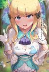  bangs blonde_hair blue_eyes blue_neckwear blush bow breasts brooch bushinofuji capelet cleavage cloak collared_shirt commentary_request eyebrows_visible_through_hair forest gloves grass hair_bow hair_ornament hand_on_hip highres jewelry looking_at_viewer nature open_mouth outdoors pointy_ears princess_connect! princess_connect!_re:dive sasaki_saren shirt skirt torn_clothes translation_request tree wand white_gloves white_skirt wing_hair_ornament 