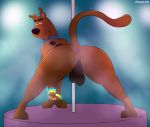  2020 anus balls big_balls black_eyes bracelet brown_body brown_fur butt canid canine canis collar domestic_dog feral fur genitals great_dane hanna-barbera hyde3291 jewelry lights looking_at_viewer looking_back male mammal mastiff molosser pole pose raised_tail scooby-doo scooby-doo_(series) seductive smoke solo spots spread_legs spreading stage stripper_pole tongue 