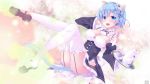  1girl absurdres animal_ears ass bangs black_footwear black_legwear blue_eyes blue_hair blush breasts cat_ears commentary_request cup detached_sleeves dress frills hair_ornament hair_ribbon highres large_breasts looking_at_viewer maid maid_dress maid_headdress natsumiya_yuzu open_mouth panties plate re:zero_kara_hajimeru_isekai_seikatsu red_ribbon rem_(re:zero) ribbon shoes short_hair smile solo teacup thighhighs underwear upper_teeth white_legwear white_panties x_hair_ornament 