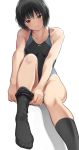  1girl amagami black_hair black_legwear black_swimsuit bob_cut brown_eyes collarbone commentary_request competition_swimsuit dressing kneehighs looking_at_viewer nanasaki_ai nozomi-y one-piece_swimsuit short_hair simple_background sitting smile solo swimsuit white_background 