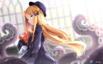  1girl abigail_williams_(fate/grand_order) bangs black_bow black_dress black_headwear blonde_hair blue_eyes blurry blurry_background blush bow breasts dress fate/grand_order fate_(series) forehead hair_bow highres long_hair long_sleeves looking_at_viewer multiple_bows open_mouth orange_bow parted_bangs polka_dot polka_dot_bow sleeves_past_fingers sleeves_past_wrists small_breasts solo stuffed_animal stuffed_toy teddy_bear tentacles unlock-creed 