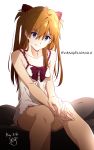  1girl bare_legs blue_eyes brown_hair evangelion:_2.0_you_can_(not)_advance eyebrows_visible_through_hair hair_ornament highres long_hair looking_at_viewer neon_genesis_evangelion nightgown nii_manabu rebuild_of_evangelion shikinami_asuka_langley simple_background sitting solo souryuu_asuka_langley 