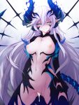  1girl absurdres ass_visible_through_thighs blue_eyes breasts cowboy_shot crotchless cum cumdrip demon_girl elsword eyebrows_visible_through_hair grin hair_between_eyes half-closed_eyes highres horns iblis_(elsword) large_breasts long_hair looking_at_viewer luciela_r._sourcream multiple_horns navel nipples paid_reward parted_lips pointy_ears revealing_clothes shaded_face smile solo tail waero white_hair 