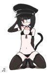  1girl ass_visible_through_thighs bangs black_bra black_footwear black_gloves black_hair black_headwear black_legwear black_panties blunt_bangs bra choker cross elbow_gloves full_body gloves high_heels kneeling kuchinashi_(not_on_shana) looking_at_viewer not_on_shana original panties red_eyes salute short_hair simple_background solo thighhighs tongue tongue_out underwear white_background 