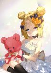  1girl abigail_williams_(fate/grand_order) bandaid_on_forehead bangs black_bow black_legwear blonde_hair blue_eyes bow breasts bug butterfly crossed_bandaids double_bun dress fate/grand_order fate_(series) forehead hair_bow insect kneehighs light_rays lincgart long_hair multiple_bows orange_bow parted_bangs parted_lips polka_dot polka_dot_bow sidelocks sitting small_breasts solo stuffed_animal stuffed_toy teddy_bear white_dress 