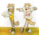  absurd_res anthro baggy_clothing biped bird_dog canid canine canis clothed clothing domestic_dog fingers fur golden_retriever grass hi_res hunting_dog legwear male mammal miikesobi retriever simple_background smile socks solo sportswear standing yellow_body yellow_fur yellow_tail 