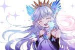  1girl ^_^ bangs bare_shoulders black_gloves blue_hair blunt_bangs bridal_gauntlets closed_eyes commentary_request detached_sleeves dress elbow_gloves eyebrows_visible_through_hair facing_viewer flower gloves granblue_fantasy hair_flower hair_ornament head_tilt highres ice_crystal lily_(granblue_fantasy) long_hair myusha open_mouth pointy_ears solo sparkle strapless strapless_dress tiara upper_body upper_teeth 