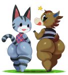  2020 absurd_res animal_crossing anthro blush clothing equid equine felid feline hi_res horse lolly_(animal_crossing) looking_at_viewer looking_back mammal nintendo shirt simple_background sssonic2 thick_thighs topwear video_games white_background winnie_(animal_crossing) 