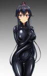  1girl black_bodysuit black_hair blush bodysuit catsuit hairband hand_on_own_chest highres ibusuki kantai_collection latex latex_bodysuit long_hair looking_at_viewer ponytail simple_background very_long_hair yahagi_(kantai_collection) 