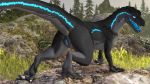  3d_(artwork) allosaurid allosaurus barlu blue_eyes claws digital_media_(artwork) dinosaur female feral genitals hi_res looking_at_viewer pussy reptile scales scalie solo source_filmmaker standing stretching teeth theropod tongue ziina 