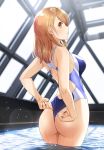  1girl ass bare_shoulders blue_swimsuit blush brown_eyes brown_hair commentary_request eyebrows_visible_through_hair from_behind highres houjou_karen idolmaster idolmaster_cinderella_girls in_water kazu long_hair looking_at_viewer solo standing swimsuit white_swimsuit 