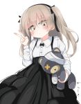  1girl bandages bangs black_bow black_skirt blush boko_(girls_und_panzer) bow bowtie buttons collared_shirt eyebrows_visible_through_hair girls_und_panzer grey_eyes grey_hair hair_between_eyes holding holding_stuffed_animal long_hair long_sleeves looking_at_viewer not_on_shana shimada_arisu shirt simple_background skirt solo stuffed_animal stuffed_toy suspender_skirt suspenders teddy_bear two_side_up v white_background white_shirt 