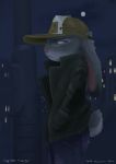  2016 absurd_res anthro axelegandersson building city clothed clothing disney ears_down fully_clothed fur grey_body grey_fur hat headgear headwear hi_res jacket judy_hopps lagomorph leporid mammal moon night outside pivoted_ears purple_eyes rabbit sky solo topwear zootopia 