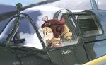  1girl aircraft blonde_hair cockpit fairy_(kantai_collection) goggles helmet kantai_collection long_hair military mirror pilot pilot_helmet pilot_suit sagoromo_04 solo spitfire_(airplane) world_war_ii 