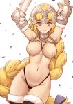  1girl bangs bikini black_bikini black_legwear blonde_hair blue_eyes blush braid breasts commentary_request covered_nipples cross eyebrows_visible_through_hair fate_(series) fleur_de_lis fur_trim headpiece highres jeanne_d&#039;arc_(fate) jeanne_d&#039;arc_(fate)_(all) jewelry large_breasts long_hair looking_at_viewer navel necklace pasties restrained revision single_braid solo swimsuit thighhighs tsuki_suigetsu very_long_hair 