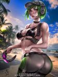  1girl ass bangs bare_shoulders bikini blue_eyes blush bra breasts ela_(rainbow_six_siege) emerald-weapon goggles green_hair hat headphones holding_goggles looking_at_viewer medium_breasts ocean open_mouth palm_tree panties pants panty_pull rainbow_six_siege short_hair skin_tight smile solo strap swimsuit thick_thighs thighs tree underwear yoga_pants 