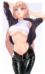  1girl absurdres armpits arms_behind_head bangs blonde_hair blunt_bangs breasts commentary_request eyebrows_visible_through_hair eyelashes highres leggings long_hair looking_at_viewer original parted_lips solo underboob volyz 
