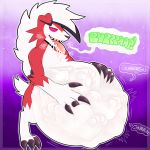  1:1 ambiguous_gender ambiguous_pred ambiguous_prey anthro belly big_belly bodily_fluids burping claws glowing glowing_eyes hair lycanroc midnight_lycanroc nintendo open_mouth pok&eacute;mon pok&eacute;mon_(species) red_body red_eyes red_sclera saliva soft_vore standing teeth video_games vore white_body white_hair 