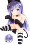  1girl absurdres animal_ears ass_visible_through_thighs bangs blue_eyes blue_hair blush breasts cat_ears cat_paws cat_tail choker commentary_request eyebrows_visible_through_hair fake_animal_ears food_bowl full_body gloves gochuumon_wa_usagi_desu_ka? groin hair_ornament heart heart-shaped_pupils highres honami_(yths4221) hypnosis kafuu_chino long_hair looking_at_viewer mind_control navel nipples nude open_mouth paw_gloves paws pussy simple_background skindentation small_breasts solo squatting striped striped_legwear symbol-shaped_pupils tail thighhighs white_background x_hair_ornament 