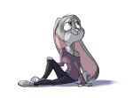  2020 anthro barefoot cheek_tuft clothed clothing disney ears_down facial_tuft female fully_clothed fur grey_body grey_fur judy_hopps lagomorph leporid mammal pink_nose pivoted_ears purple_eyes rabbit signature simple_background sitting smile solo totino-s tuft white_background zootopia 