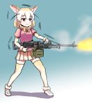  1girl :3 animal_ears blonde_hair brown_eyes extra_ears fennec_(kemono_friends) firing fox_ears fox_tail gun heavy_machine_gun highres kemono_friends machine_gun manme pleated_skirt short_sleeve_sweater skirt solo tail thighhighs weapon yellow_legwear 