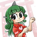  1girl :3 avatar_icon black_eyes blush chamaji clenched_hands cloud_print commentary curly_hair eyebrows_visible_through_hair green_hair heart horn kariyushi_shirt komano_aun long_hair looking_at_viewer lowres petals red_shirt shirt shrine touhou watermark white_background 