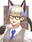  1boy animal_ears bangs black_gloves blonde_hair blue_hair blue_neckwear cat_ears cat_tail coffee commentary_request cup doubutsu_no_mori fangs glasses gloves green_eyes grey_sweater_vest heterochromia highres holding holding_cup jack_(doubutsu_no_mori) long_sleeves looking_at_viewer male_focus mug multicolored_hair nachi_(respectdrums) necktie open_mouth paw_print personification shirt solo tail two-tone_hair white_shirt 