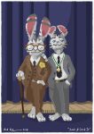  2018 alpha_channel anthro axelegandersson barefoot belt blue_eyes border bottomwear cane clothed clothing disney duo ear_markings eyes_closed eyewear facial_markings fully_clothed glasses hand_in_pocket hand_on_shoulder head_markings hi_res inside jack_savage lagomorph leporid mammal markings medal necktie pants pockets rabbit smile standing suit transparent_border zootopia 