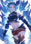  1girl aldehyde aura bare_shoulders belt blue_eyes blue_hair boots commentary_request crop_top djeeta_(granblue_fantasy) elbow_gloves floating_hair gloves granblue_fantasy guider_to_the_eternal_edge hair_ornament highres looking_at_viewer midriff navel short_shorts shorts smile solo thigh_boots thighhighs 