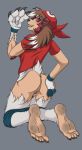  absurd_res anus brown_hair butt claws clothing dirty_feet feet female fur genitals grey_background hair hexen109 hi_res human human_to_anthro lycanroc mammal may_(pok&eacute;mon) midnight_lycanroc nintendo pok&eacute;mon pok&eacute;mon_(species) pussy red_body red_eyes red_fur simple_background smile solo species_transformation tail_growth teeth toe_claws toes torn_clothing transformation video_games white_hair 