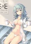  1girl absurdres bangs blush breasts cameltoe closed_mouth coffee coffee_mug collarbone commentary_request cup eyebrows_visible_through_hair green_eyes green_hair groin hair_between_eyes highres holding holding_cup large_breasts long_hair long_sleeves looking_at_viewer medium_breasts mug navel no_bra open_clothes open_shirt panties purunyara riddle_joker shikibu_mayu shirt short_hair side_ponytail sitting smile solo stomach string_panties underwear white_panties white_shirt 