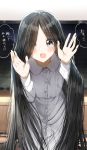  1girl :d absurdly_long_hair absurdres bangs black_hair blush commentary_request dress eyebrows_visible_through_hair eyes_visible_through_hair flat_screen_tv grey_eyes hair_over_one_eye hands_up highres indoors long_hair long_sleeves open_mouth pentagon_(railgun_ky1206) shirt smile solo television the_ring translated very_long_hair white_dress yamamura_sadako 