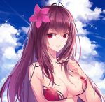  1girl antenna_hair areola_slip areolae bangs bare_arms bare_shoulders bikini blue_sky breasts cleavage closed_mouth cloud cloudy_sky day eyebrows_visible_through_hair fate/grand_order fate_(series) flower gekka_nanako hair_between_eyes hair_flower hair_ornament hair_twirling halter_top halterneck hand_up hibiscus highres large_breasts long_hair looking_at_viewer outdoors pink_flower purple_bikini purple_hair red_eyes revision scathach_(fate)_(all) scathach_(swimsuit_assassin)_(fate) shiny shiny_skin sky smile solo sparkle strap_gap sweat swimsuit underboob upper_body 