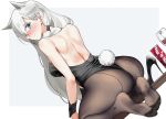  1girl alcohol animal_ears ass back bare_shoulders black_footwear black_leotard blue_eyes blush border braid breasts brown_legwear bunny_tail bunnysuit closed_mouth cup drinking_glass dutch_angle embarrassed eyebrows_visible_through_hair fake_tail feet from_behind frown girls_frontline grey_background high_heels highleg highleg_leotard highres ksvk_(girls_frontline) leotard liu_chi_tiantang_fr long_hair looking_at_viewer looking_back medium_breasts no_shoes nose_blush on_table outside_border pantyhose poker_chip shoes_removed shoulder_blades silver_hair simple_background sitting soles solo table tail very_long_hair white_border wine wine_glass wrist_cuffs 