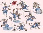 2019 absurd_res angry anthro clouded_leopard english_text felid female fire fish food group hi_res mammal marine markings melee_weapon midriff model_sheet pantherine polearm scared spear sword taha_(thelivingtrashcan) text thelivingtrashcan tribal_markings water weapon wet wraps 