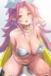  1girl angela_(seiken_densetsu_3) armor arms_behind_back bikini_armor breasts cape choker cleavage collarbone commentary gradient gradient_background grey_background highres jewelry large_breasts long_hair looking_at_viewer magus_(seiken_densetsu_3) nasu_(luliice) necklace open_mouth pink_hair pointy_ears revision seiken_densetsu seiken_densetsu_3 yellow_eyes 