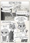  2020 ?! absurd_res anthro bottomwear canid canine clothed clothing comic crossed_arms dialogue disney duo_focus english_text eyes_closed fox fully_clothed group hi_res judy_hopps lagomorph leporid mammal necktie nick_wilde pants police_uniform qalcove rabbit red_fox shirt speech_bubble text topwear uniform zootopia 