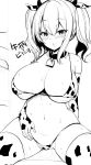  1girl animal_print bell bikini blue_eyes breasts cow_bell cow_print elbow_gloves embarrassed gloves greyscale hair_ribbon haito_mitori highres kantai_collection kashima_(kantai_collection) large_breasts micro_bikini monochrome open_mouth ribbon silver_hair sweat swimsuit two_side_up 