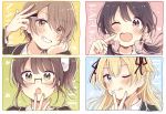  4girls :o ;d ;q arm_up bangs black-framed_eyewear black_jacket black_ribbon blazer blonde_hair blue_eyes blush bow brown_eyes brown_hair character_name closed_mouth collared_shirt commentary_request diagonal_stripes eyebrows_visible_through_hair glasses green_eyes grin hair_between_eyes hair_bow hair_ornament hair_over_one_eye hair_ribbon hairclip heart highres jacket long_hair long_sleeves looking_at_viewer low_twintails multiple_girls nail_polish one_eye_closed open_mouth original pink_bow polka_dot polka_dot_bow portrait ribbon sakura_oriko semi-rimless_eyewear shirt short_hair side_ponytail smile striped striped_bow tongue tongue_out twintails under-rim_eyewear w white_shirt yellow_nails 