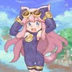  1girl :d animal_ears blue_eyes blush bodysuit chocolat_gelato commentary_request cowboy_shot dog dog_ears dog_girl elbow_gloves furry gloves goggles goggles_on_head holding_head long_hair looking_at_viewer open_mouth pink_hair ribbed_bodysuit shigehiro_(hiroi_heya) smile solatorobo solo 