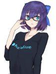  1girl adjusting_eyewear alternate_breast_size black-framed_eyewear black_shirt blue_bow blue_eyes bow braid breasts commentary copyright_name eyebrows_visible_through_hair french_braid glasses hair_between_eyes hair_bow highres hololive large_breasts logo looking_at_viewer ohkuro_marimo parted_lips purple_hair shirt short_hair short_sleeves simple_background solo t-shirt tokino_sora_channel upper_body white_background yuujin_a_(tokino_sora_channel) 