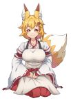  accessory animal_humanoid apron asian_clothing blonde_hair breasts canid canid_humanoid canine canine_humanoid clothed clothing collarbone dipstick_tail dkun east_asian_clothing female fox_humanoid front_view fully_clothed fur hair hair_accessory haori humanoid inner_ear_fluff japanese_clothing mammal mammal_humanoid multicolored_tail red_clothing senko-san solo tuft white_clothing yellow_body yellow_fur 