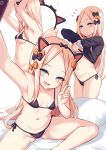  1girl abigail_williams_(fate/grand_order) animal_ears bangs bikini black_bikini black_bow black_dress blonde_hair blue_eyes blush bow breasts cat_ears dress fate/grand_order fate_(series) forehead hairband highres long_hair looking_at_viewer micro_bikini multiple_bows multiple_views navel open_mouth orange_bow outstretched_arm parted_bangs polka_dot polka_dot_bow ribbed_dress self_shot shimokirin simple_background sitting small_breasts smile swimsuit thighs undressing v white_background 