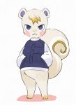  2020 animal_crossing anthro blue_eyes blush blush_stickers bottomless clothed clothing fur hagane_redoak hands_in_pockets jacket male mammal marshal_(animal_crossing) nintendo pockets rodent sciurid simple_background smile solo textured_background topwear video_games white_background white_body white_fur yellow_body yellow_fur 