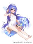  1girl :o anklet atte7kusa barefoot blue_eyes blue_hair blush brave_sword_x_blaze_soul bucket copyright_name eyebrows_visible_through_hair flotty full_body ice jewelry long_hair naked_towel official_art simple_background solo towel towel_on_head white_background 