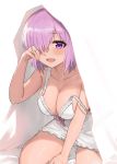  1girl bangs blush breasts cleavage collarbone eyebrows_visible_through_hair fate/grand_order fate_(series) hair_over_one_eye hand_up highres jjeono large_breasts lavender_hair looking_at_viewer mash_kyrielight nightgown open_mouth purple_eyes short_hair sitting smile solo strap_slip thighs 