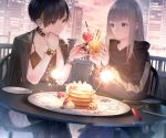  2girls aqua_eyes black_eyes black_hair boots building cherry choker city cropped drink fireworks food fruit gray_hair hoodie long_hair necklace orange_(fruit) original short_hair shoujo_ai sousou_(sousouworks) stockings strawberry sunset thighhighs wristwear 